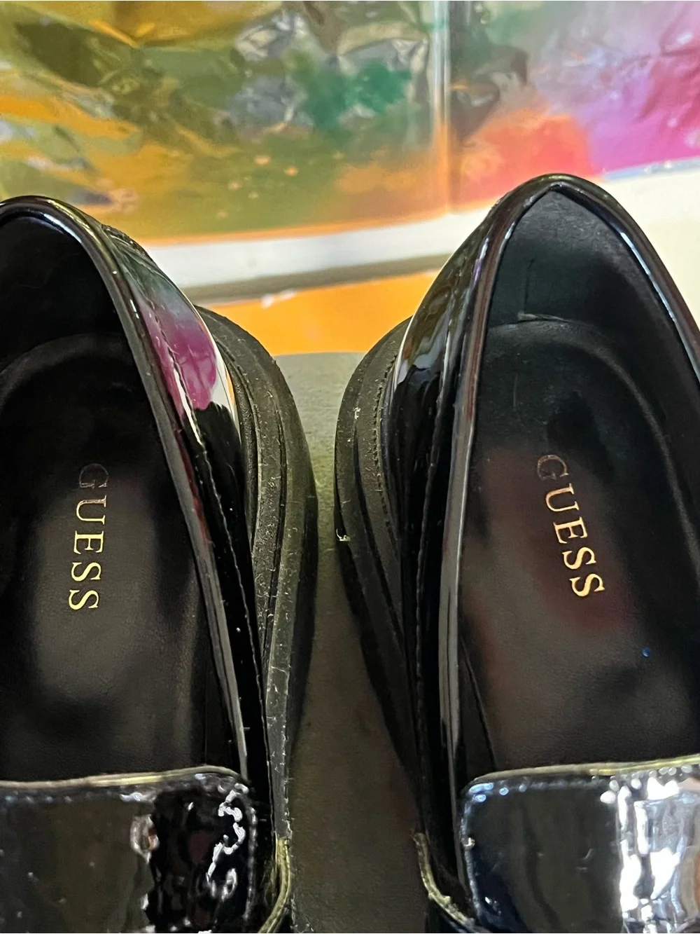 Guess Black Patent Leather Chunky Loafers with Gold Hardware